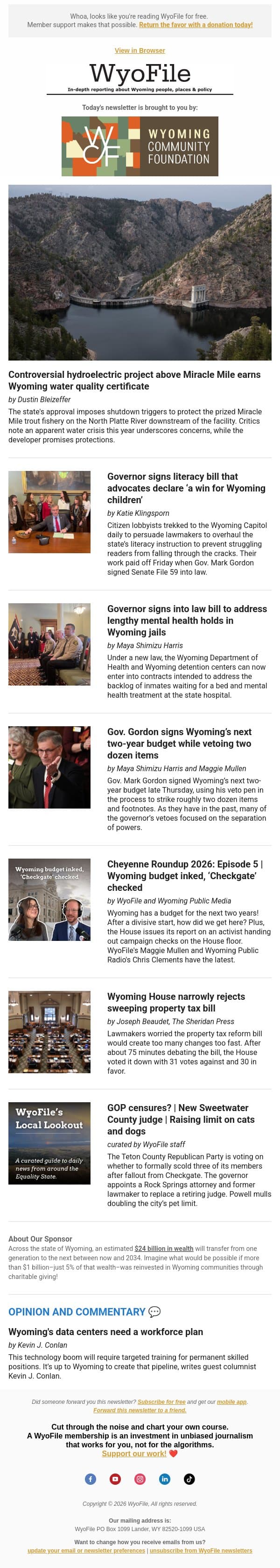 Pumped water project | Budget signed with vetoes | Literacy law | Mental health holds email from WyoFile screenshot