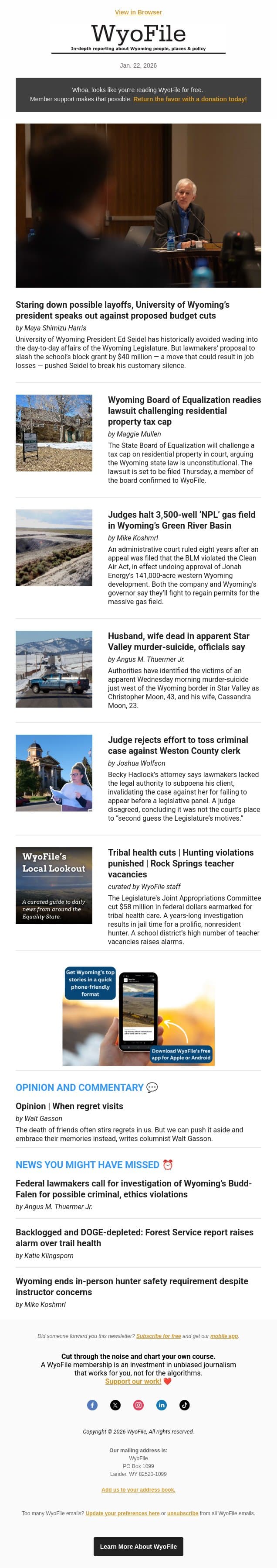 UW president pushes back | Property tax lawsuit | Gas development halted | Star Valley tragedy email from WyoFile screenshot