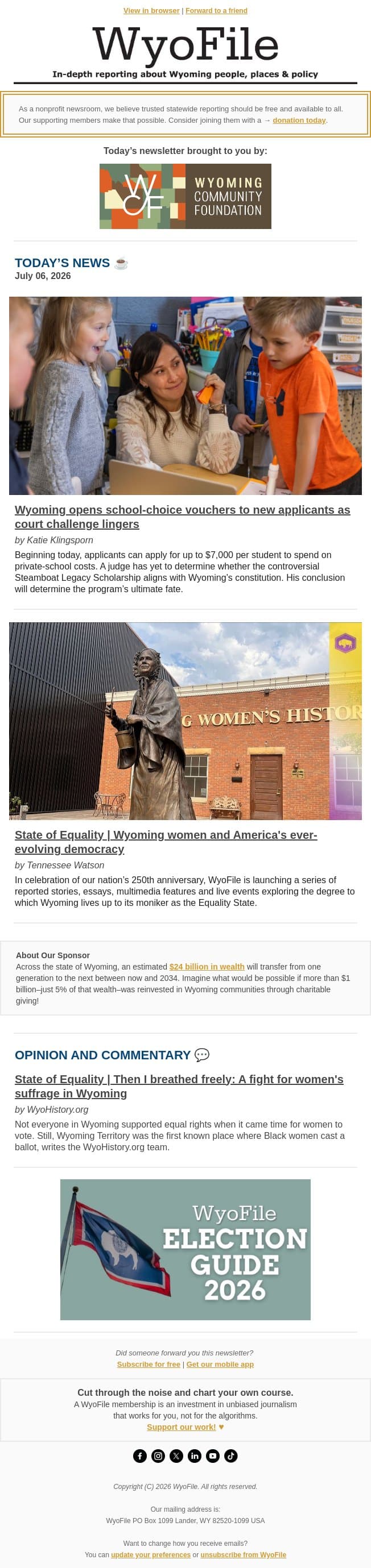 School-choice voucher applications open | State of Equality email from WyoFile screenshot
