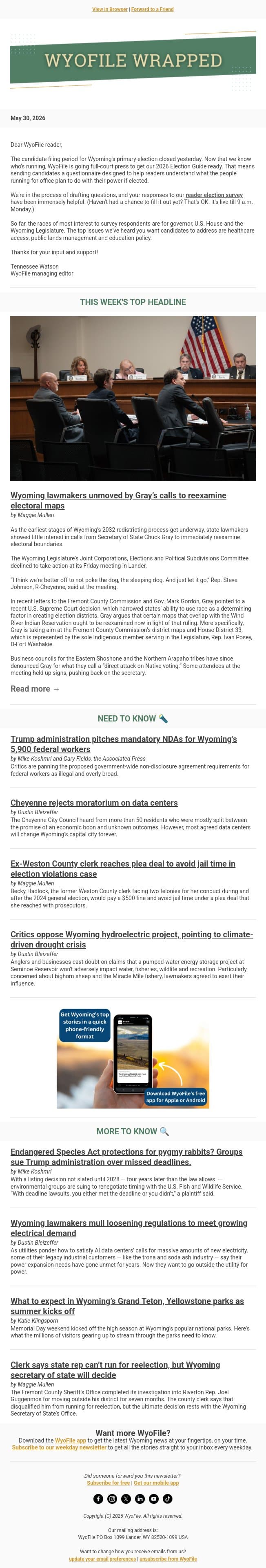 Wrapped — Electoral district dustups | Federal gag order | Data center development email from WyoFile screenshot