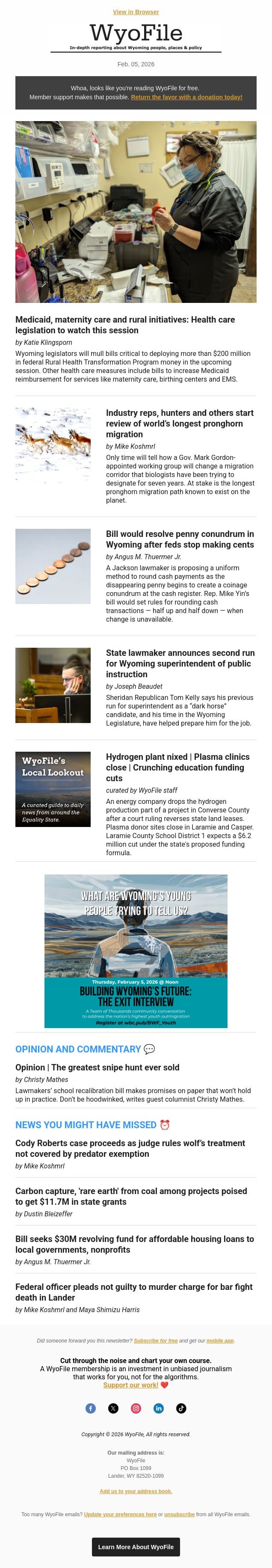 Health care heads-up | Pronghorn path review | Superintendent's race email from WyoFile screenshot