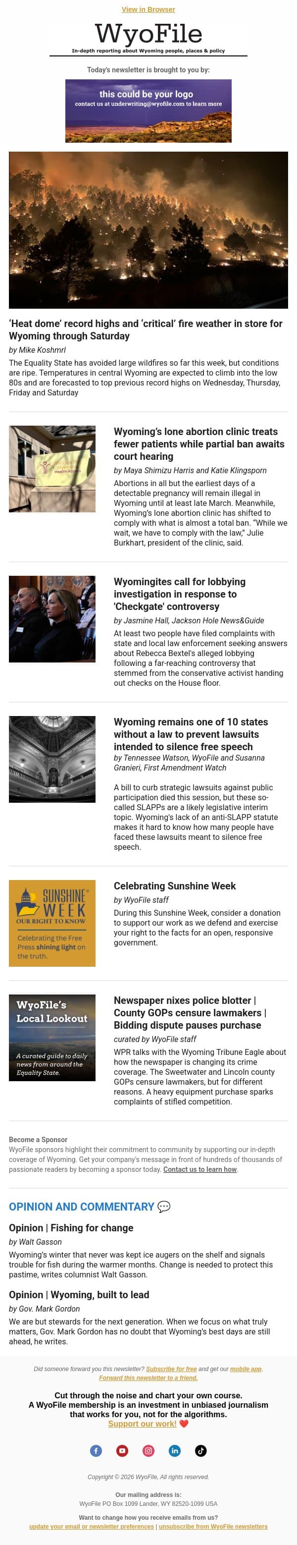 ‘Critical’ fire weather | Heartbeat hearing | Checkgate complaints | Lawsuits silencing speech email from WyoFile screenshot