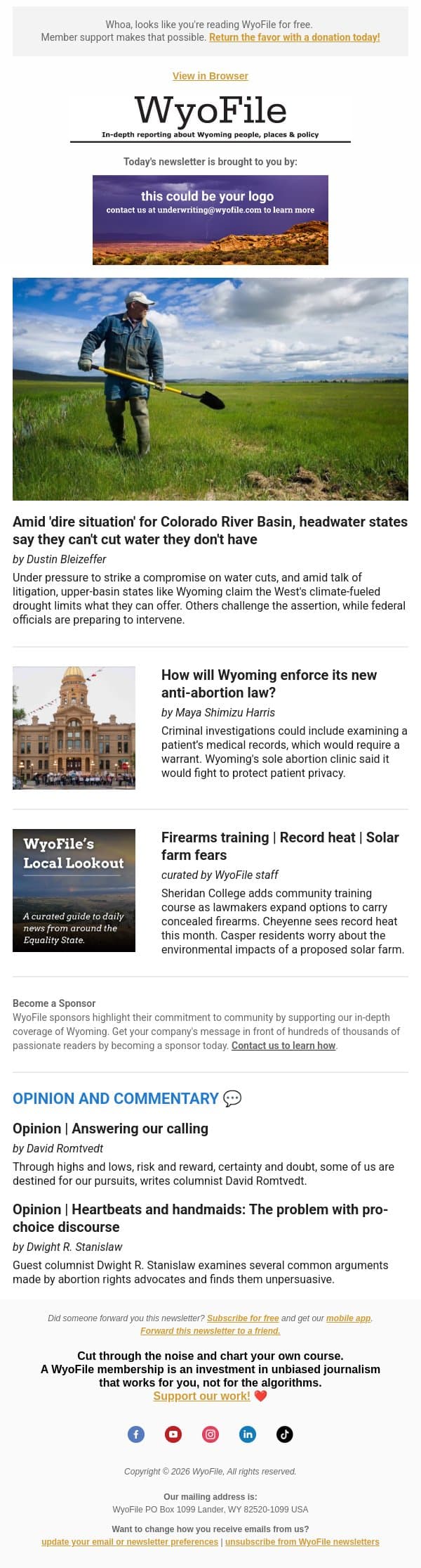 ‘Dire’ water outlook | Abortion law enforcement | Community firearms training email from WyoFile screenshot