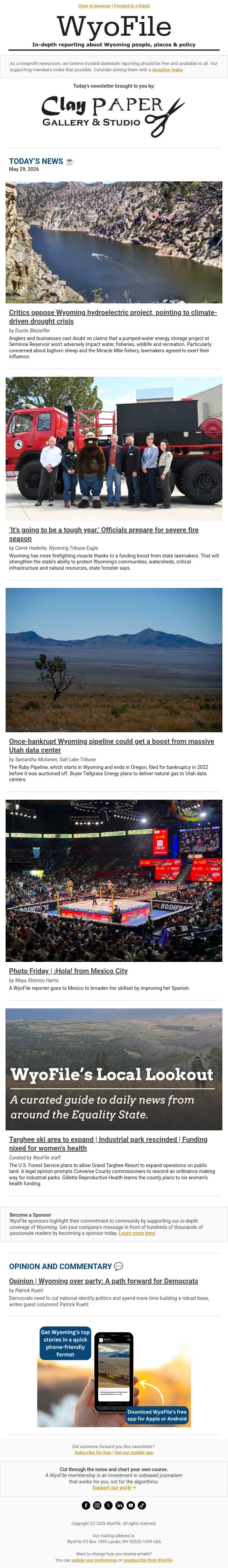 Seminoe project skepticism | Severe fire forecast | Pipeline boost email from WyoFile screenshot