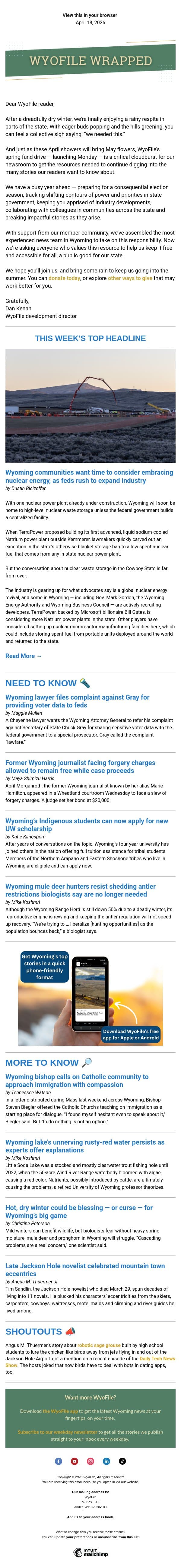 Wrapped — Nuclear industry growth | Indigenous student scholarships | Sensitive voter data | Remembering Sandlin email from WyoFile screenshot