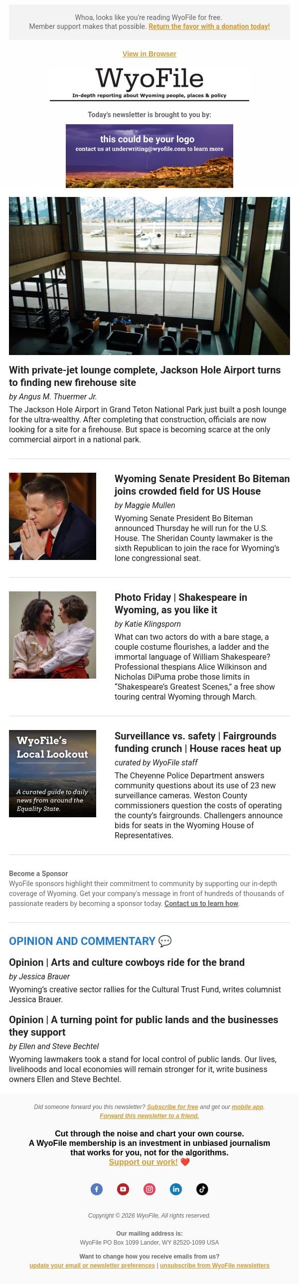 Jackson airport space constraints | Biteman bids for US House | Shakespeare in Wyoming email from WyoFile screenshot
