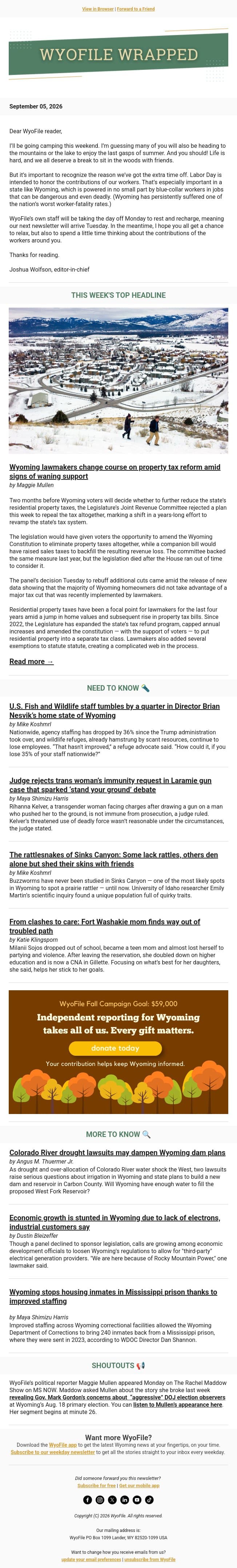Wrapped — Property tax pullback | Stand your ground | Snakes in a park email from WyoFile screenshot