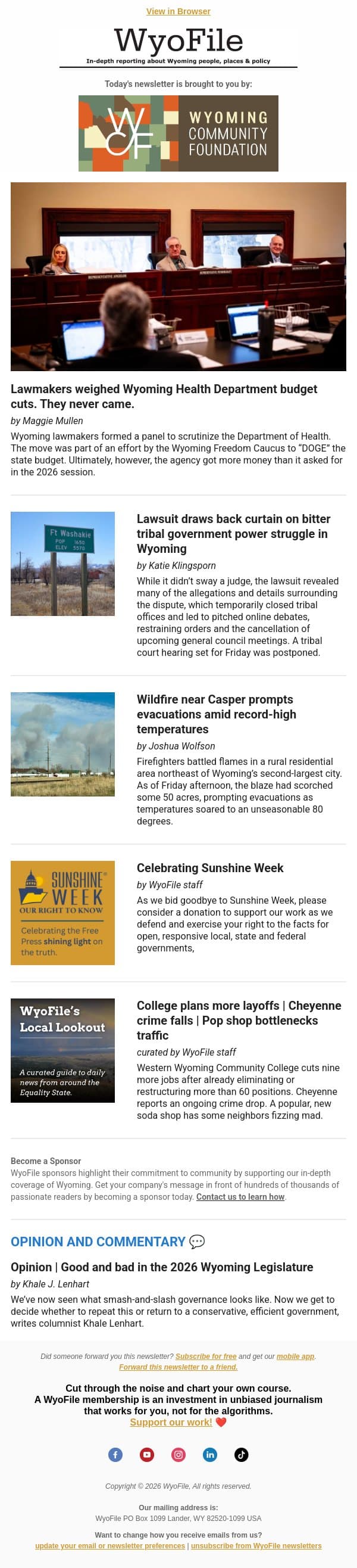 Health budget boon | Tribal power struggle | Wildfire evacuations | Community college cuts email from WyoFile screenshot