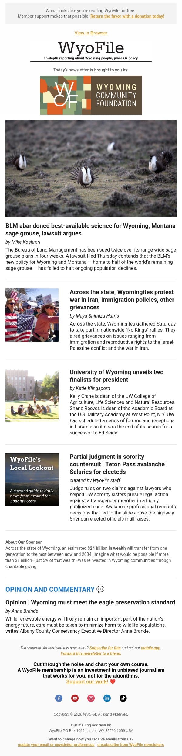 Sage grouse lawsuit | No Kings | UW president replacement email from WyoFile screenshot