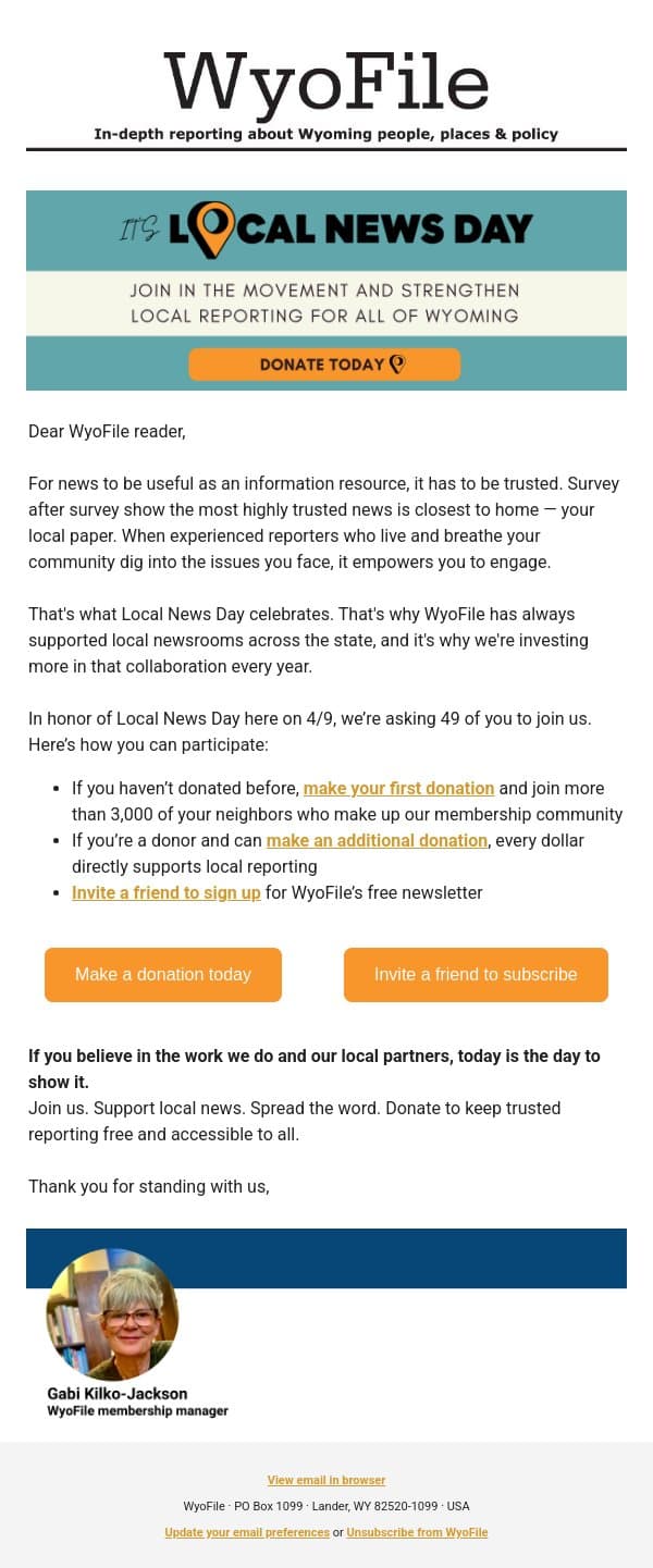 Today is Local News Day – Stand with us email from WyoFile screenshot