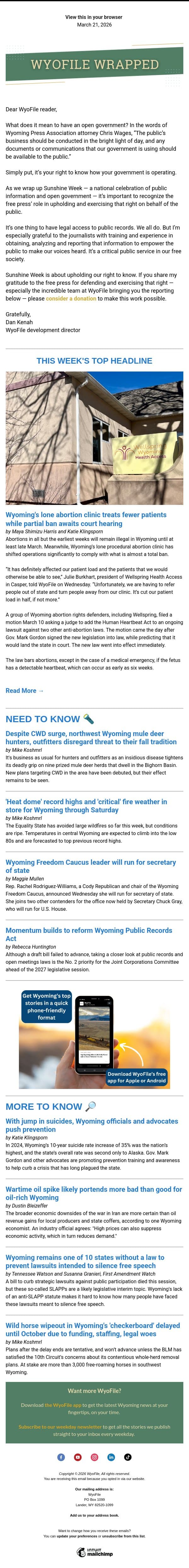 Wrapped — Fire weather | CWD surge | Suicide prevention email from WyoFile screenshot
