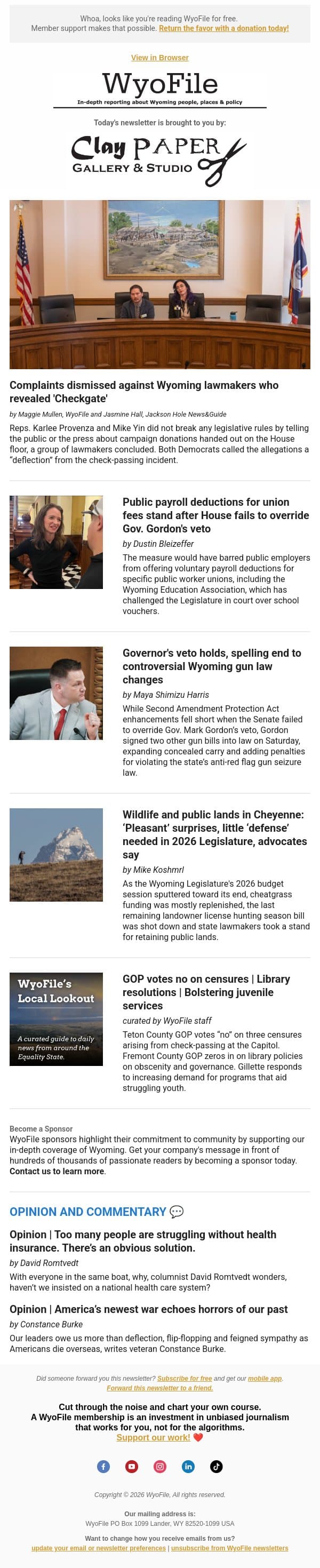 Dem lawmakers cleared of rules violations | Union payroll deductions stand | Gun law changes fail email from WyoFile screenshot