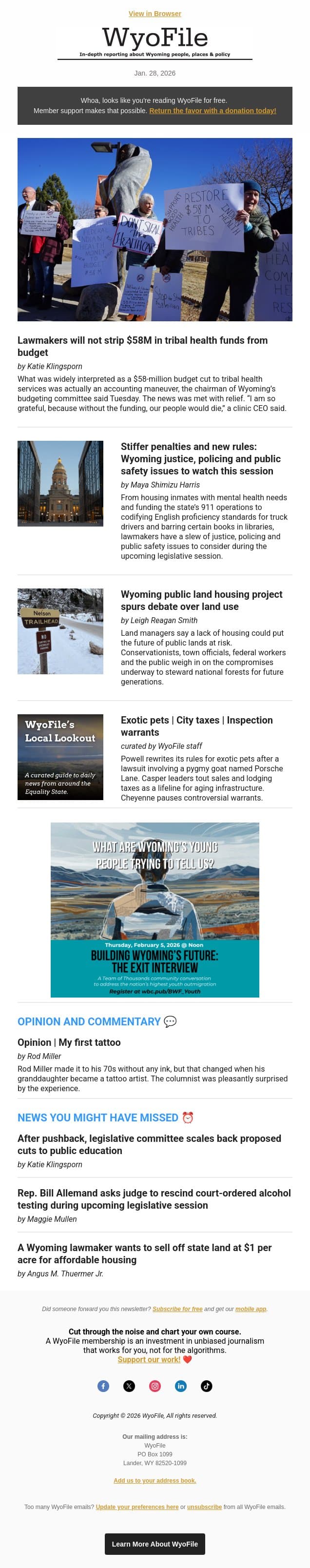 Tribal health funds restored | Justice, police, safety | Public land for housing? email from WyoFile screenshot