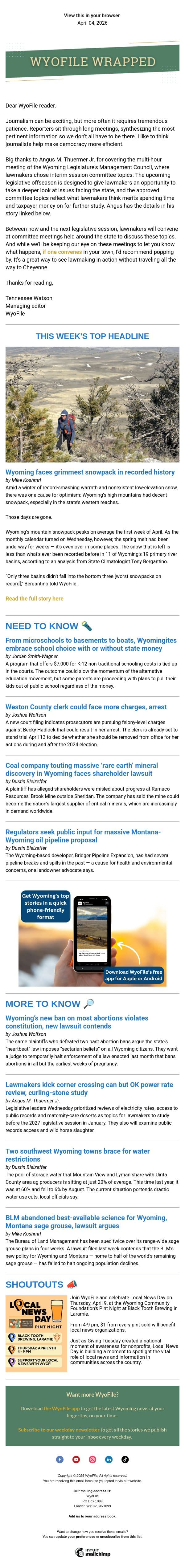 Wrapped — Grim snowpack | Pipelines and mines | Curling-stone study email from WyoFile screenshot