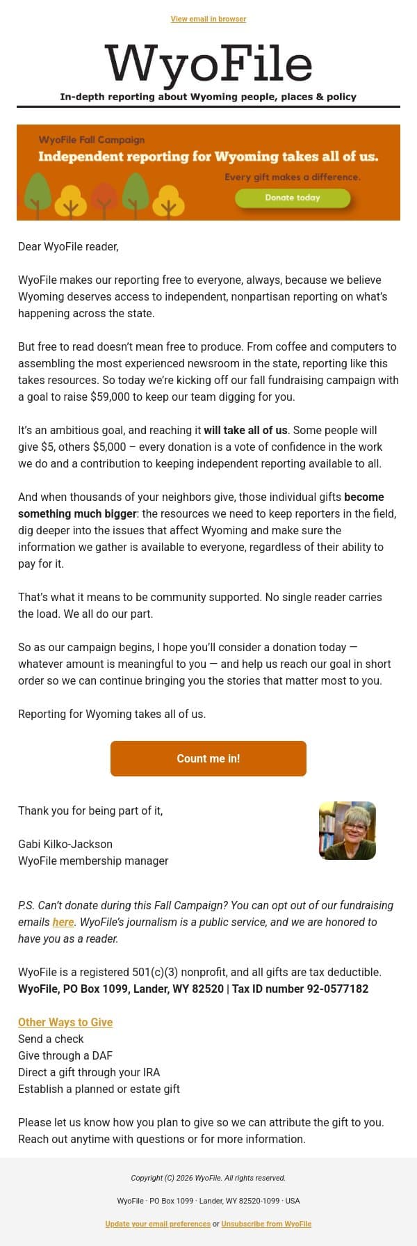 Free to read. Not free to produce. email from WyoFile screenshot