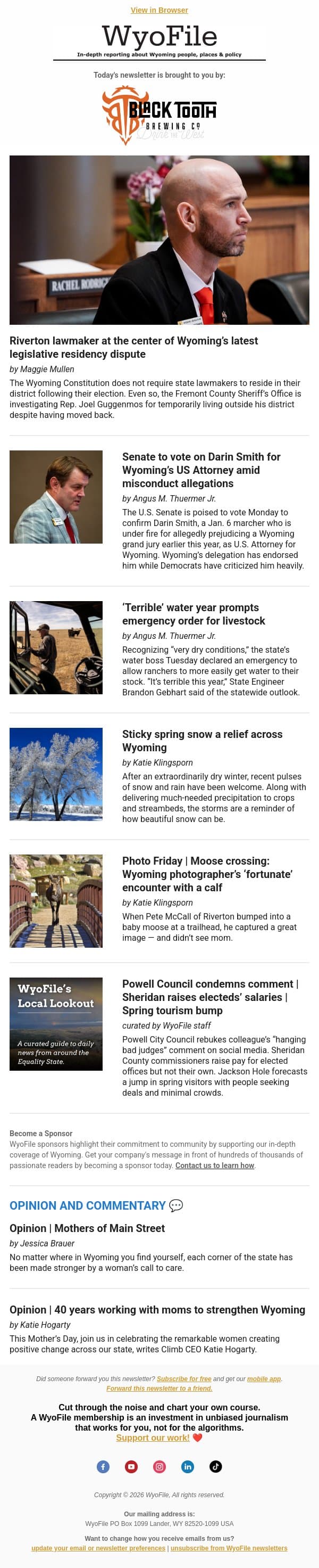 Rep. residency dispute | US Attorney confirmation | Livestock water emergency email from WyoFile screenshot