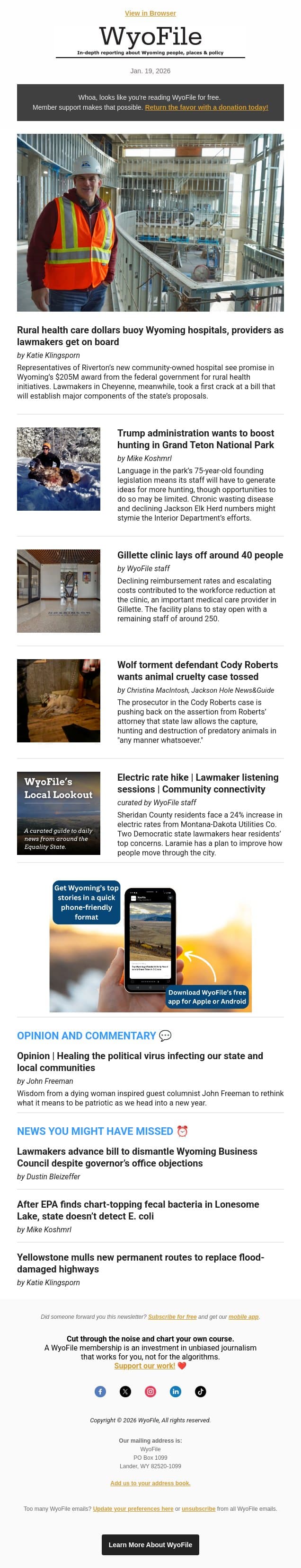 Rural health care challenges | Hunting in Grand Teton | Wolf torment case email from WyoFile screenshot