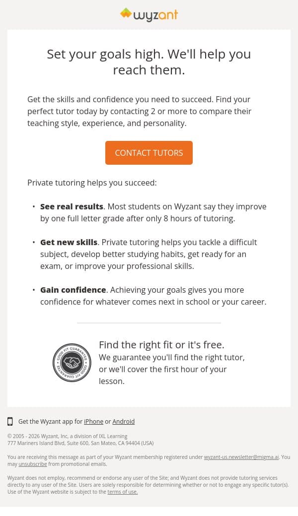 Set your goals high. We'll help you reach them. email from Wyzant screenshot