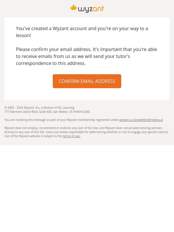 Confirm Your Email Address email from Wyzant screenshot