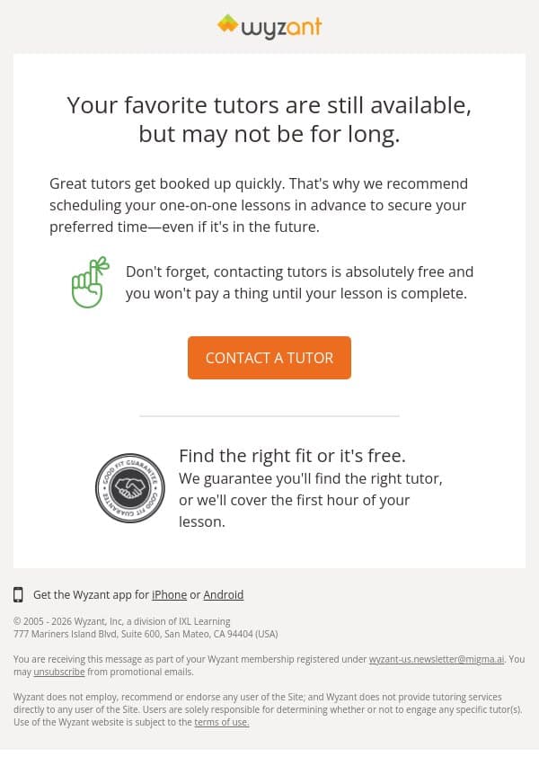Your top experts are getting booked up. email from Wyzant screenshot