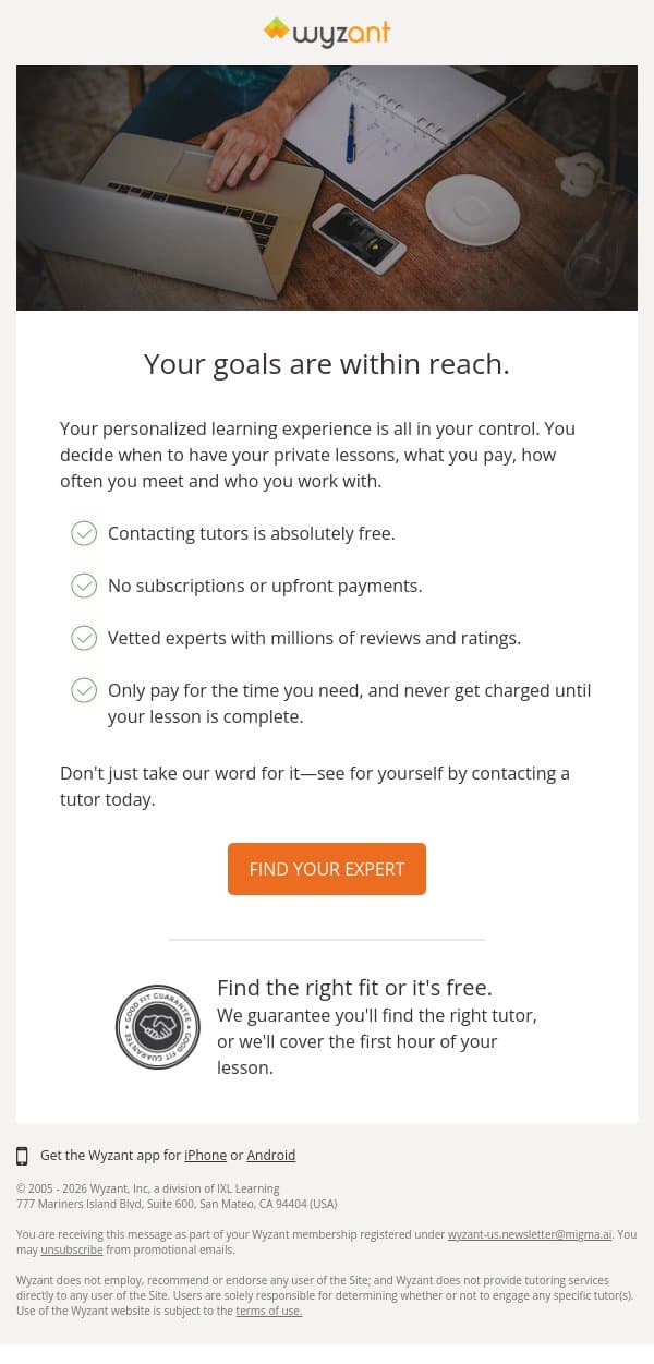 Where are you headed? email from Wyzant screenshot