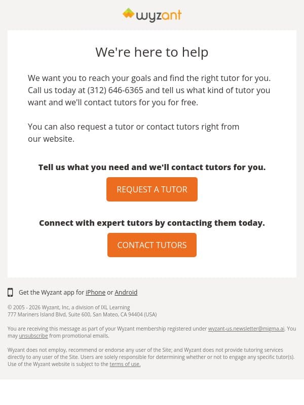 We'll find the best tutor for you. email from Wyzant screenshot