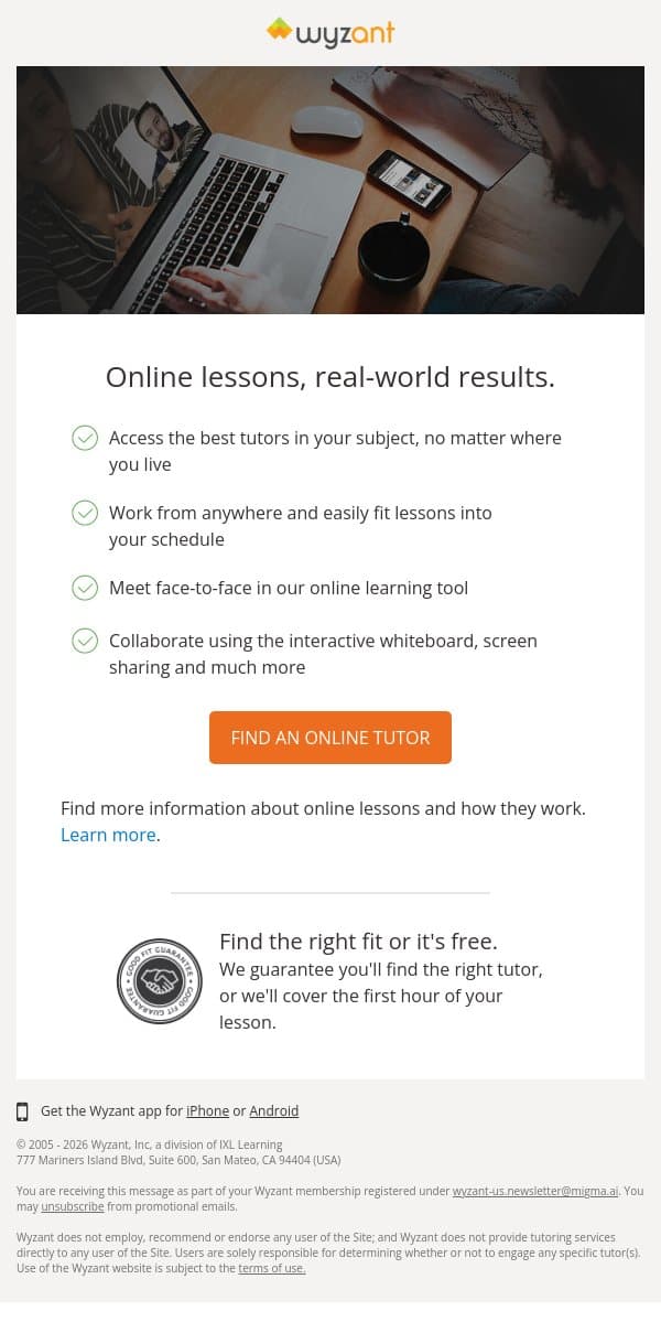 Online Lessons: Reach your goals without leaving the house email from Wyzant screenshot