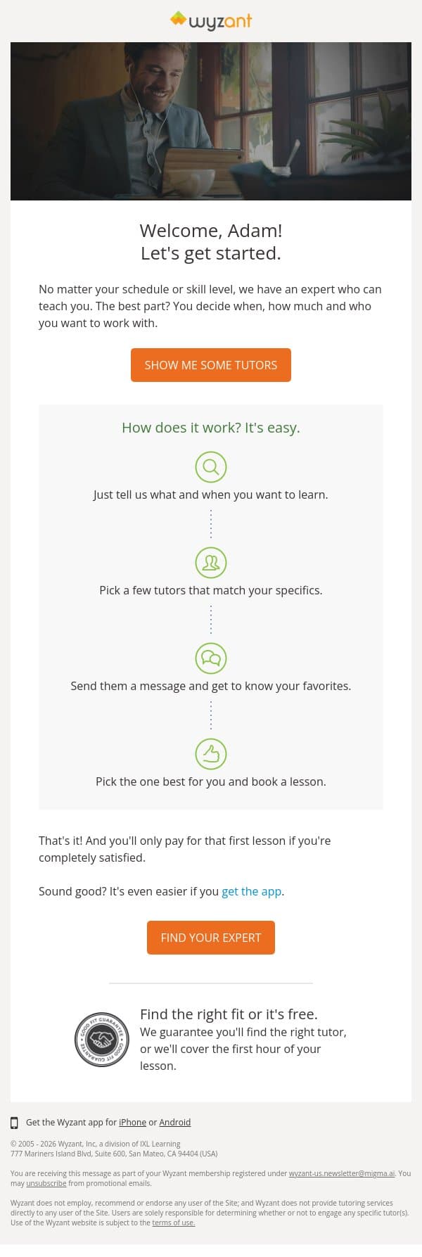 Adam, thanks for joining Wyzant - now let's get started! email from Wyzant screenshot