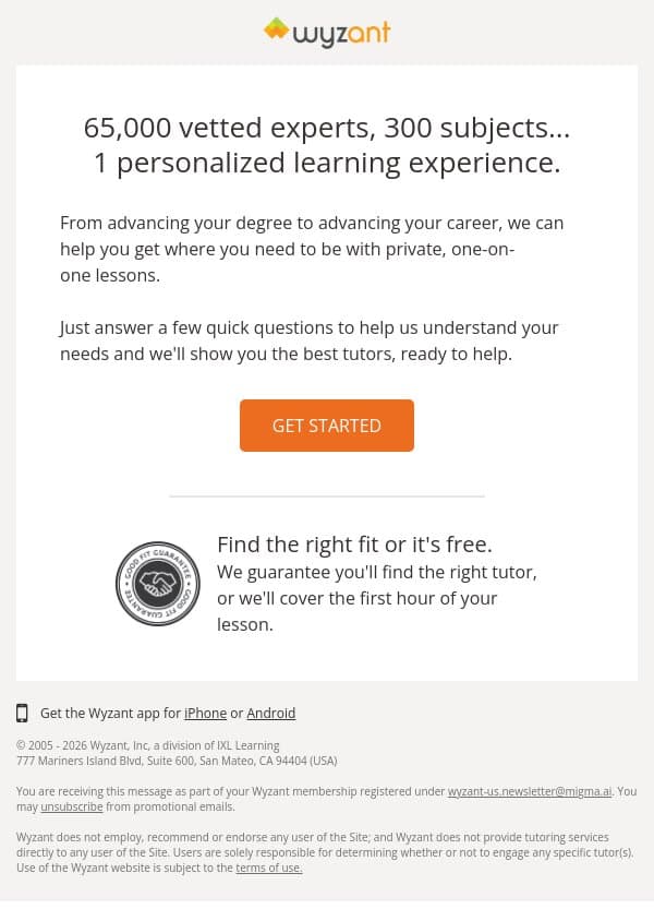 Get the help you need, when you need it most. email from Wyzant screenshot