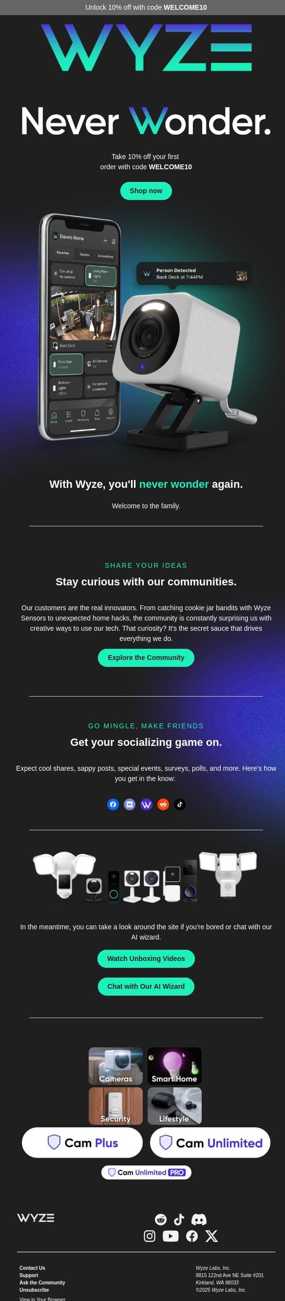 Welcome to Wyze 🎉 Here’s 10% off your first order. email from Wyze screenshot