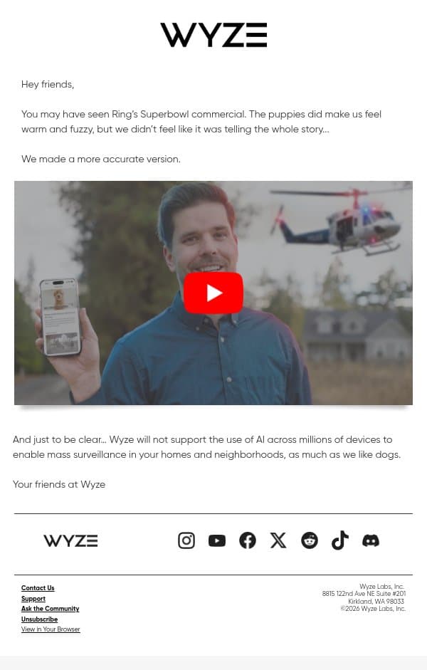Definitely Only for Dogs: Our Version of Ring's Superbowl Commercial (Parody) email from Wyze screenshot