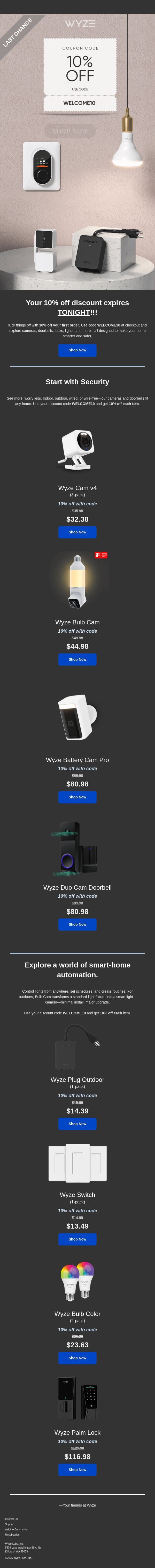 Your 10% off coupon expires TONIGHT! email from Wyze screenshot
