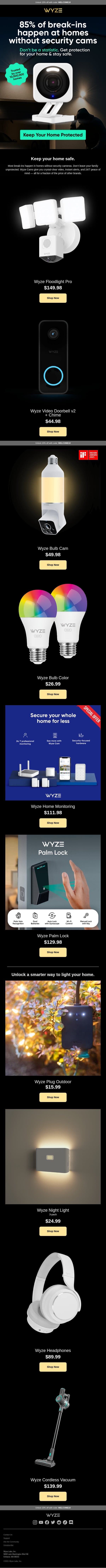 85% of Break-Ins Happen at Homes Without Security Cameras... email from Wyze screenshot