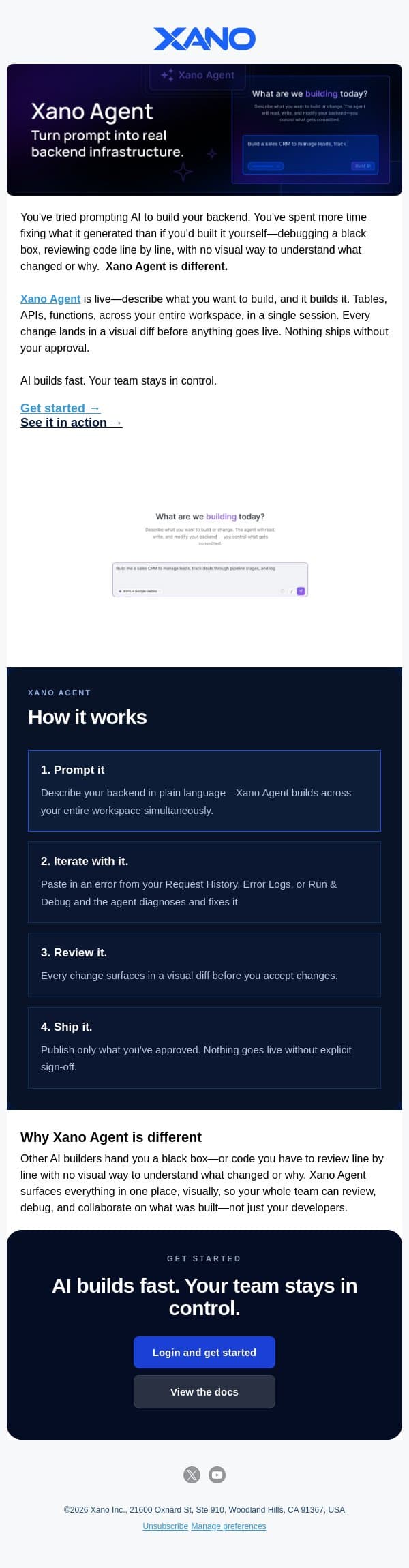 Build an entire Xano backend from a single prompt email from Xano screenshot