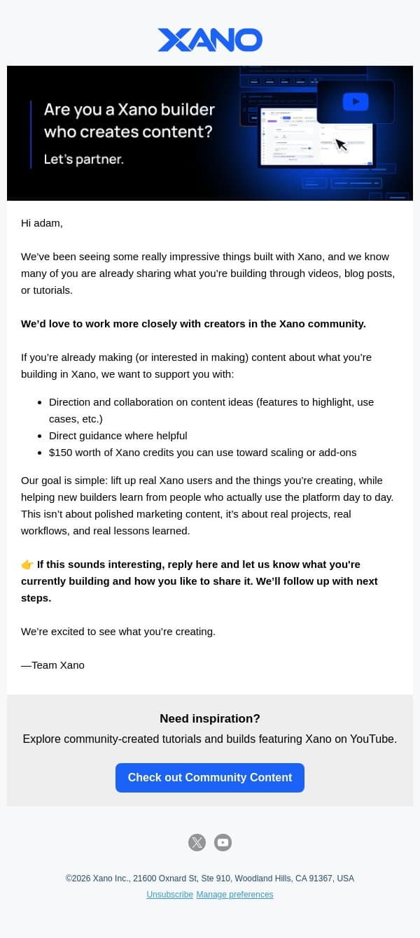 Calling Xano content creators - Want to build & share together? email from Xano screenshot