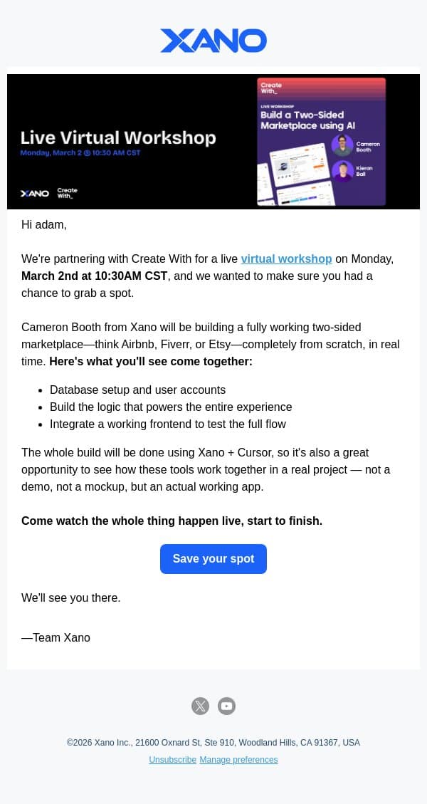 Join us live: Building a two-sided marketplace with Xano email from Xano screenshot