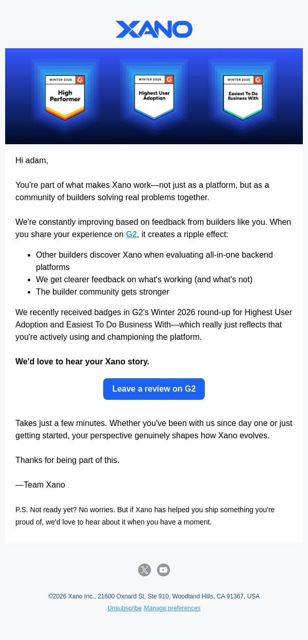 Your experience matters to the Xano community email from Xano screenshot