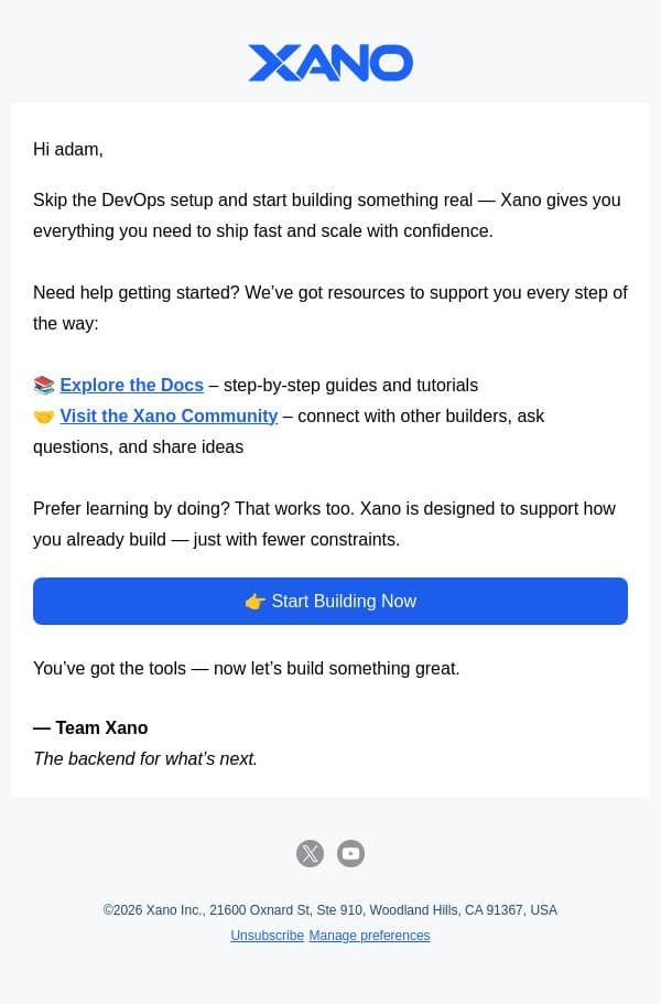 What can you build in 10 minutes? email from Xano screenshot