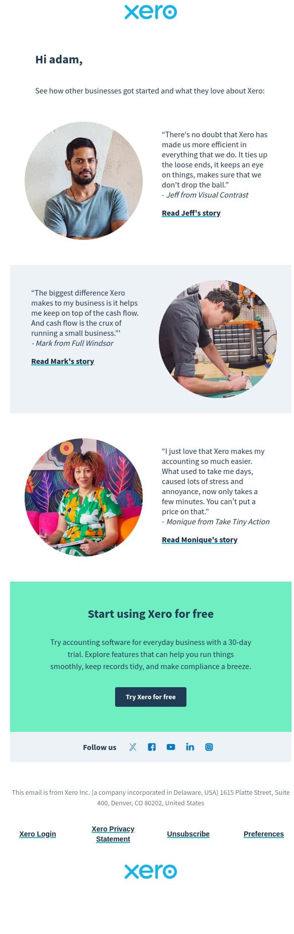 Get inspired with these small business stories email from Xero screenshot