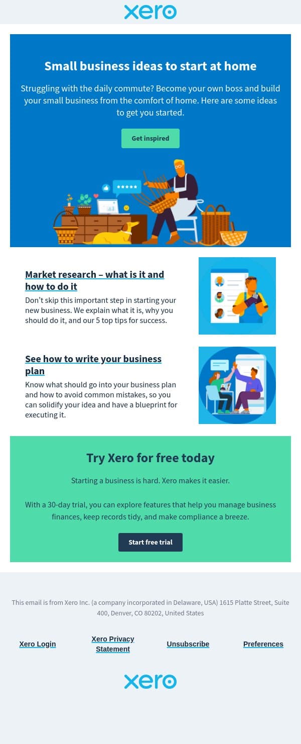 How to start & market your business from home email from Xero screenshot