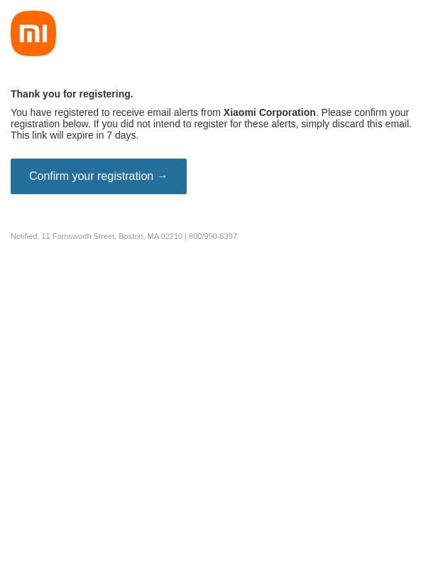 Please confirm your email alert subscriptions for Xiaomi Corporation email from Xiaomi screenshot