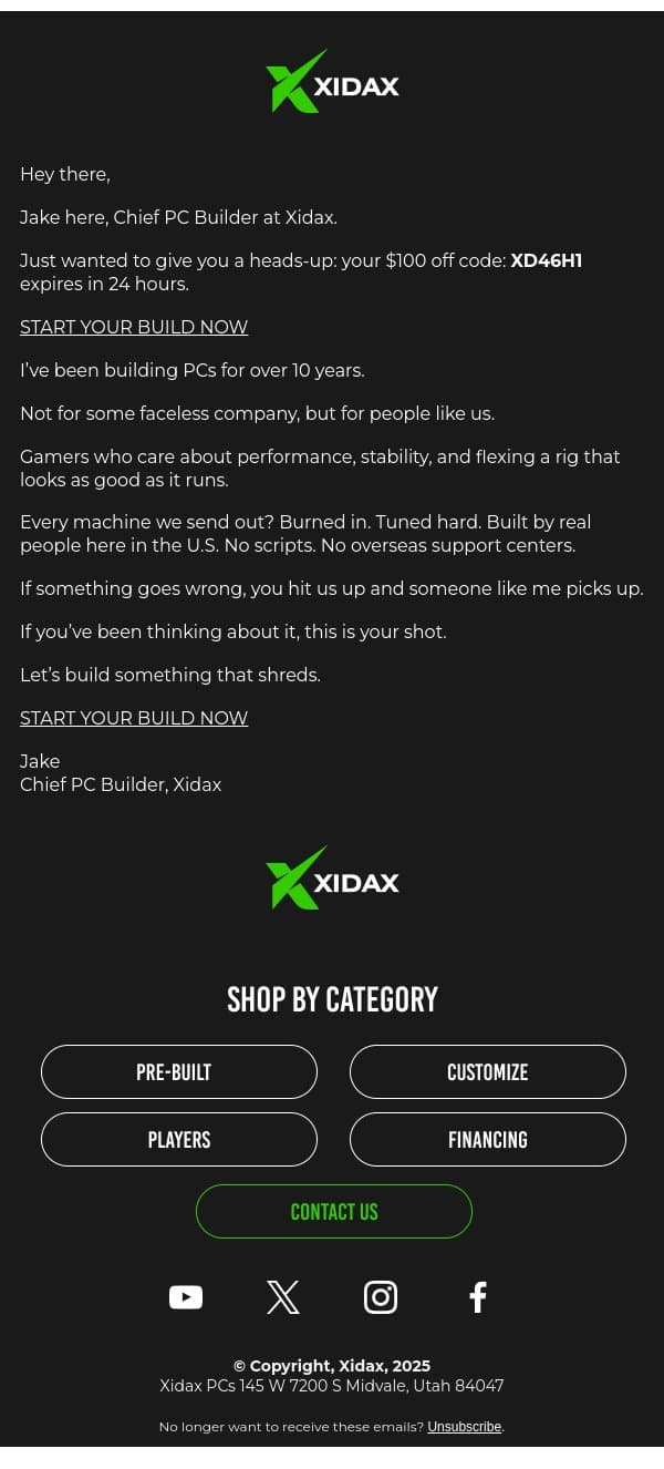 Yo, still thinking about your Xidax rig? email from Xidax screenshot