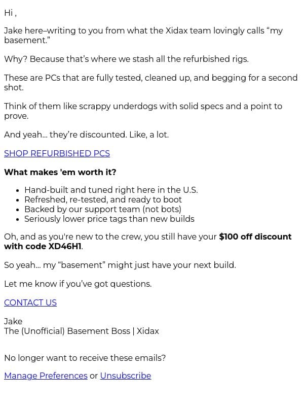 Hello From Jake’s Basement email from Xidax screenshot