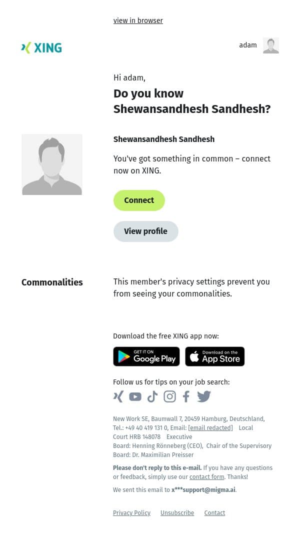 Do you know Shewansandhesh Sandhesh? email from Xing screenshot