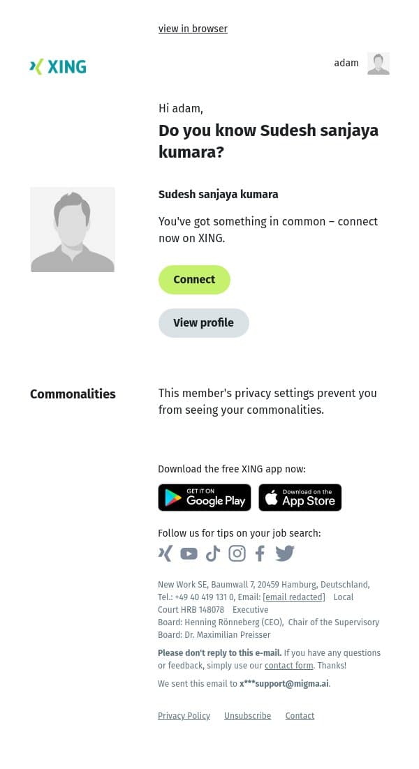 Do you know Sudesh sanjaya kumara? email from Xing screenshot