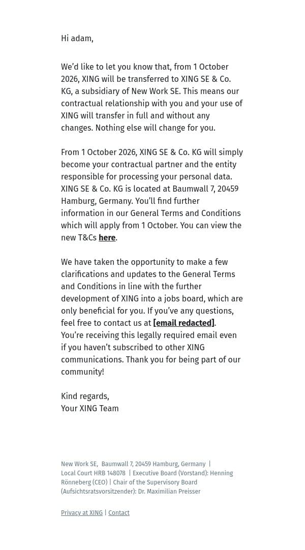 XING Customer Information email from Xing screenshot