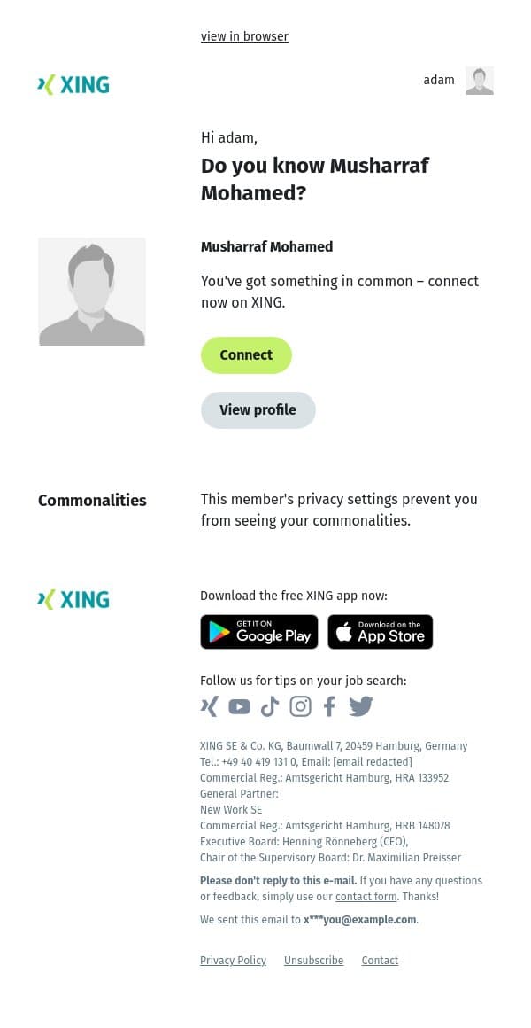 Do you know Musharraf Mohamed? email from Xing screenshot