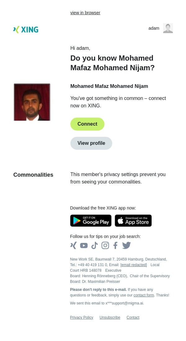 Do you know Mohamed Mafaz Mohamed Nijam? email from Xing screenshot