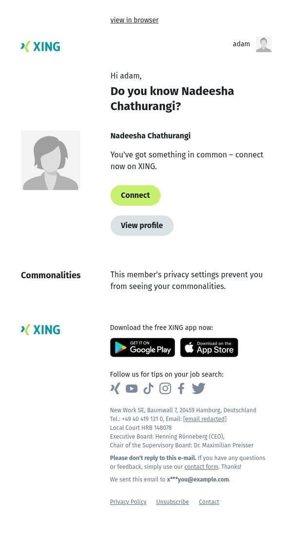 Do you know Nadeesha Chathurangi? email from Xing screenshot