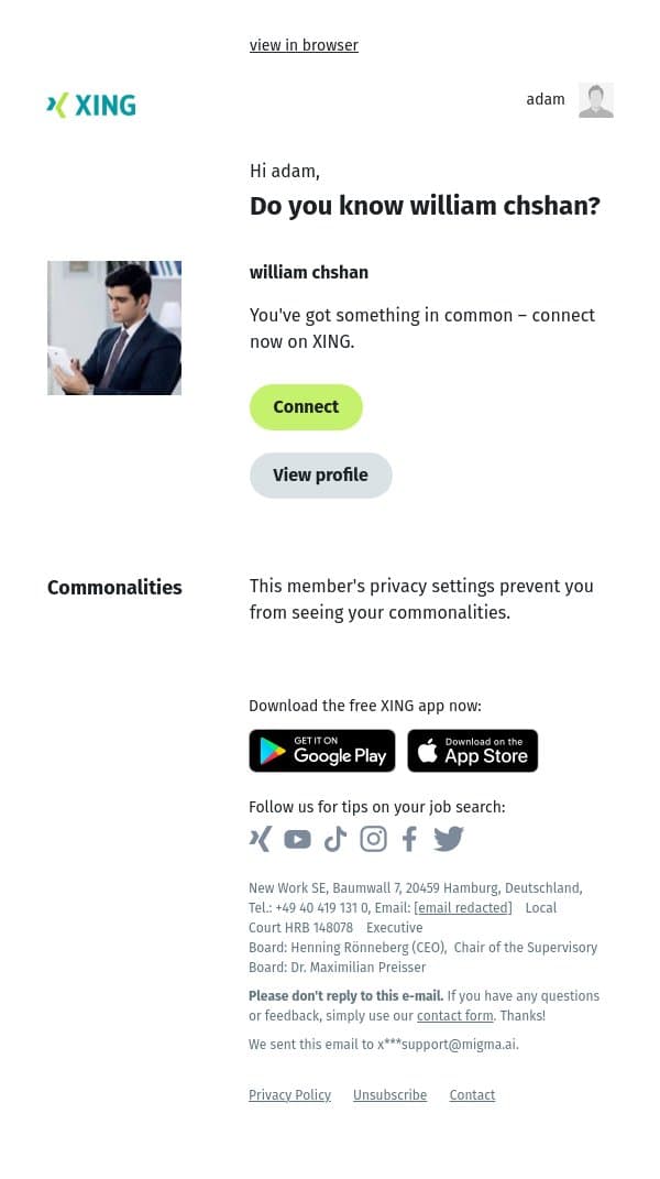 Do you know william chshan? email from Xing screenshot